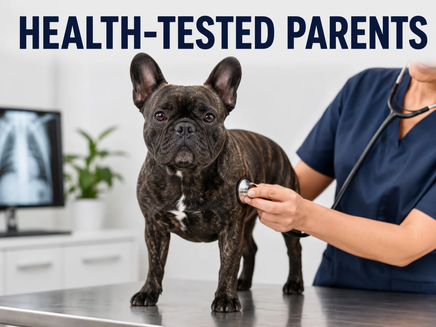 Brindle French Bulldog during a veterinary checkup