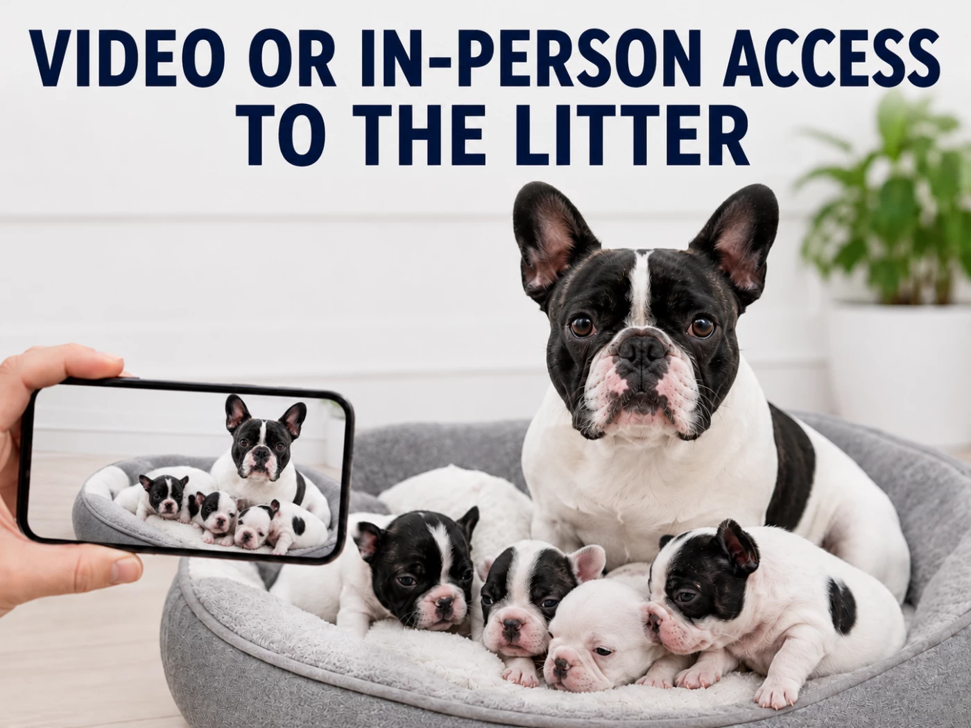 French Bulldog mother with puppies shown on a phone
