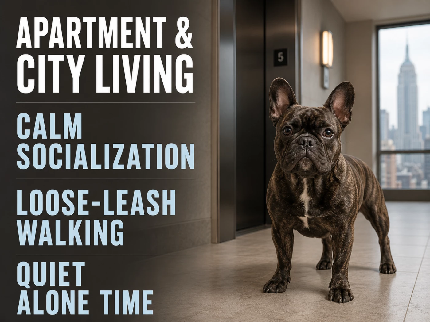 Brindle French Bulldog in an apartment hallway