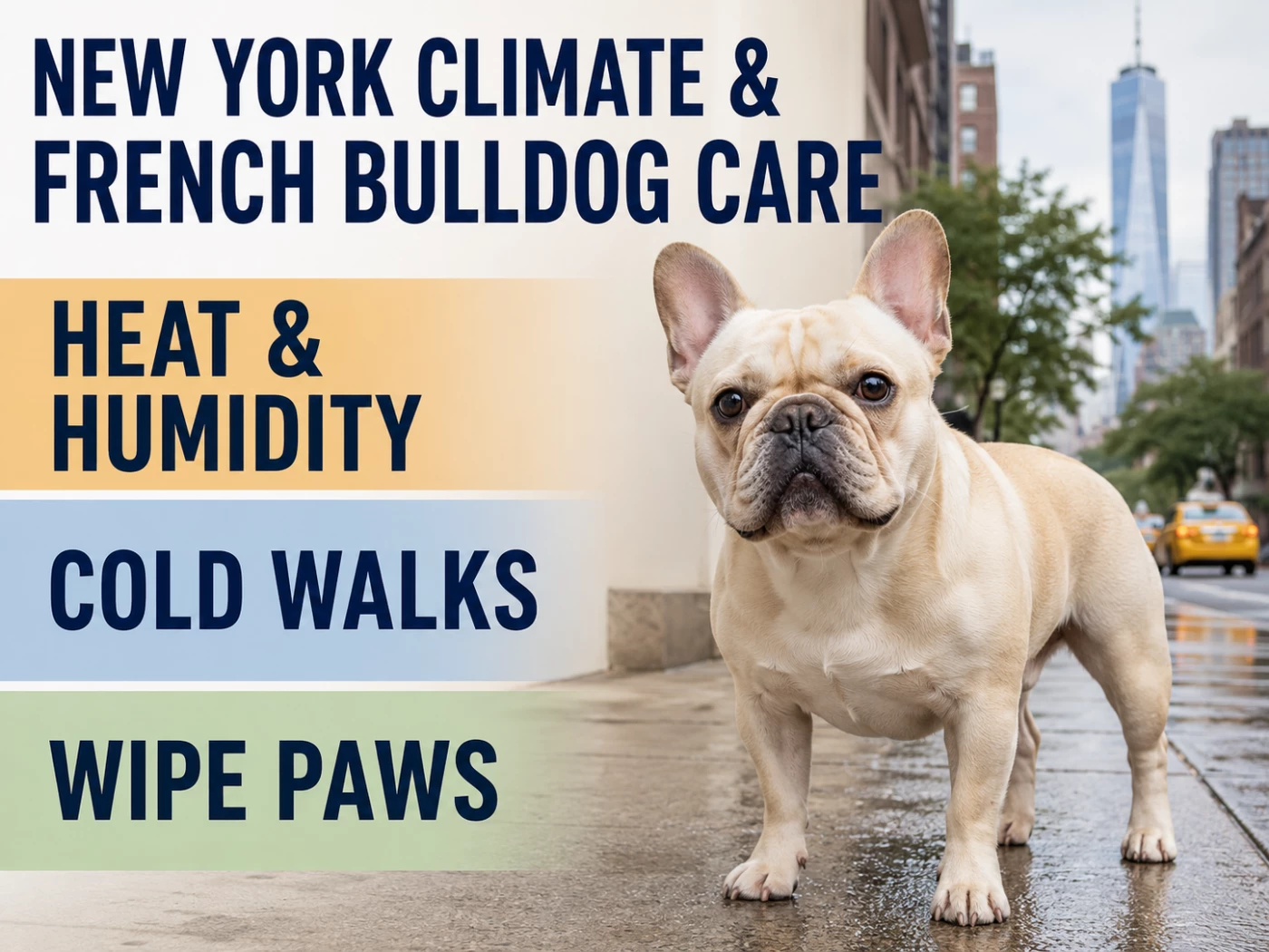 Cream French Bulldog on a wet New York sidewalk