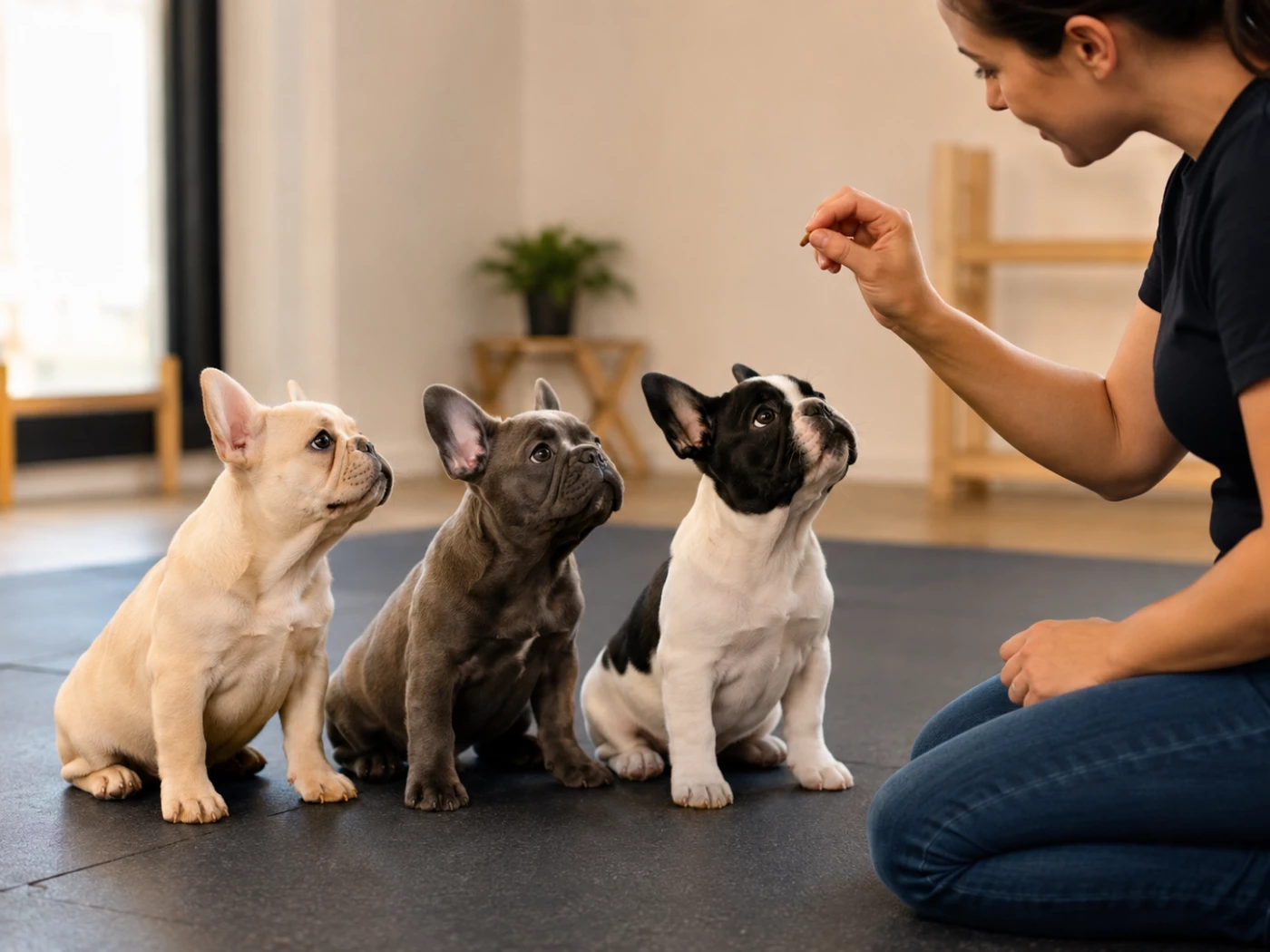 Three French Bulldog puppies during a training lesson