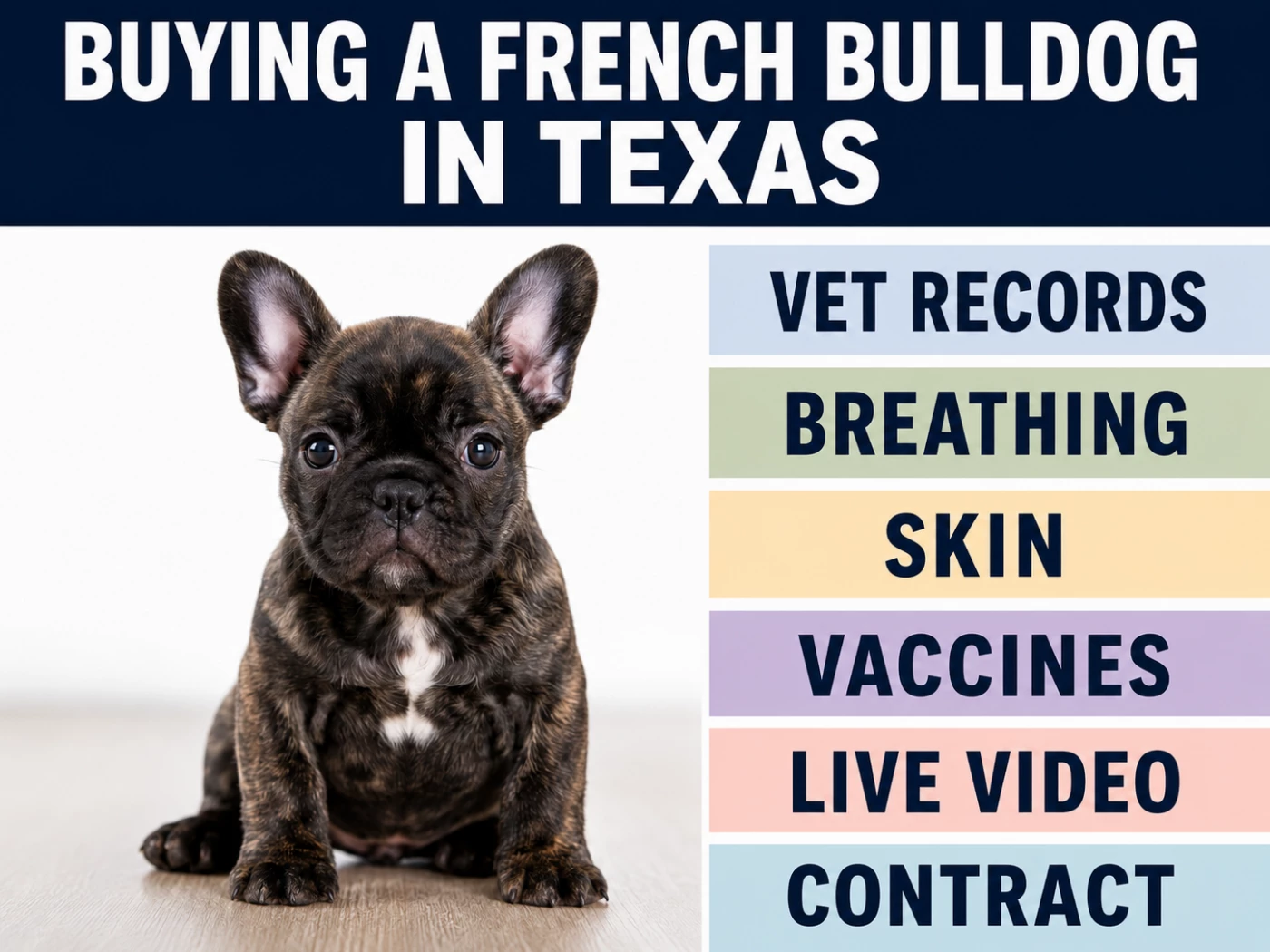 Brindle French Bulldog puppy with buying checklist in Texas