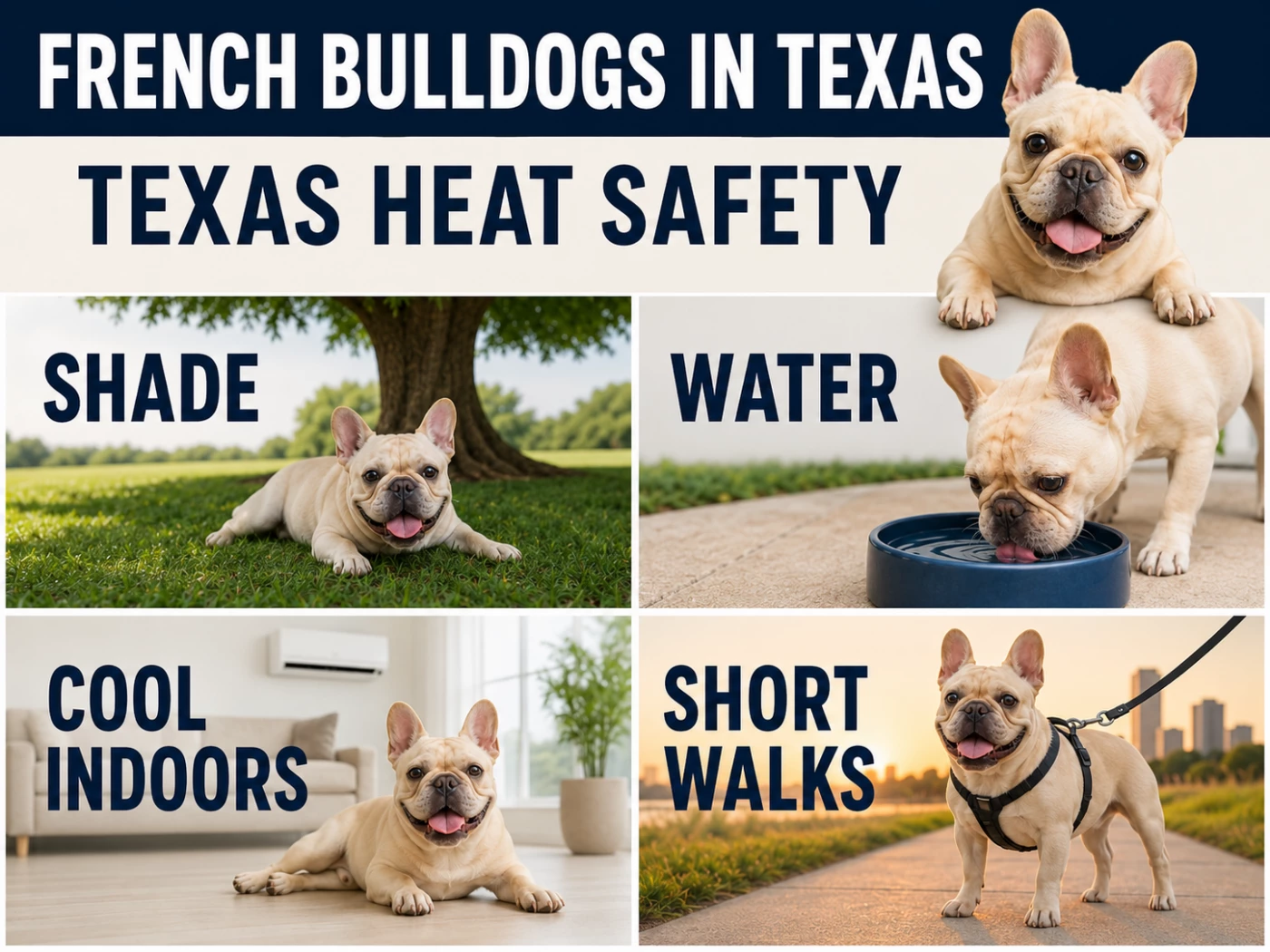 Cream French Bulldog infographic about Texas heat safety