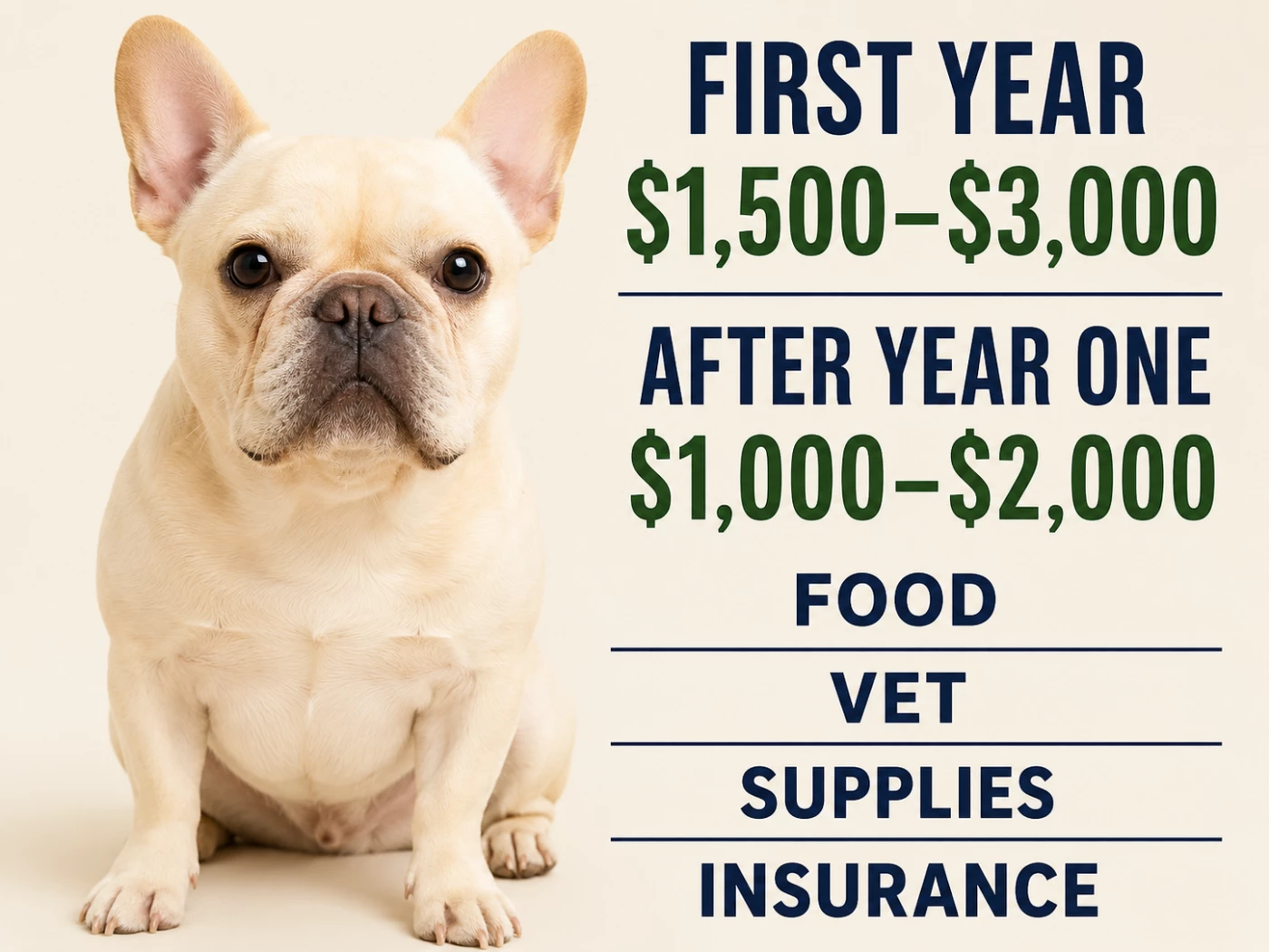 Cream French Bulldog with yearly cost infographic