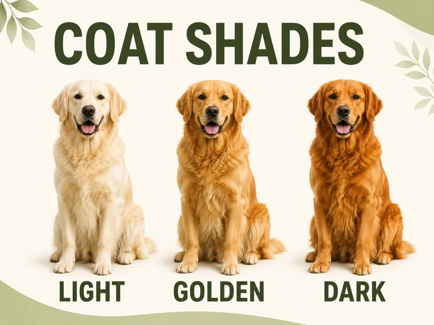 Golden Retriever coat shades comparison showing light, golden and dark colored dogs sitting side by side
