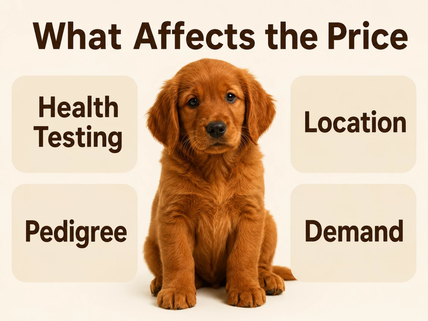 Dark golden Golden Retriever puppy with price factors infographic
