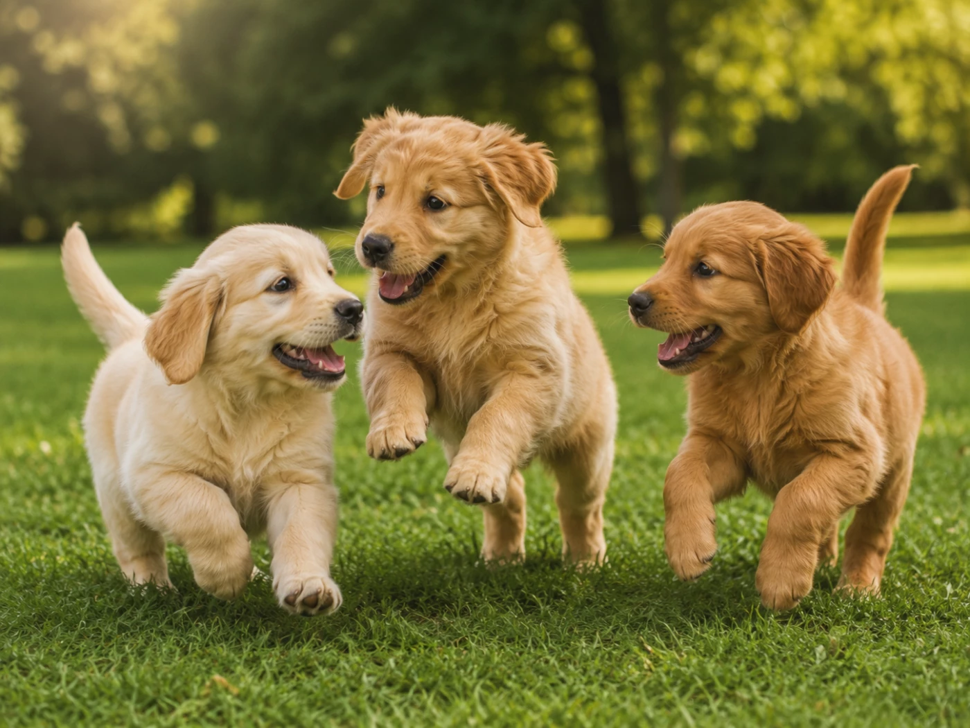 Three Golden Retriever puppies playing together on green grass outdoors