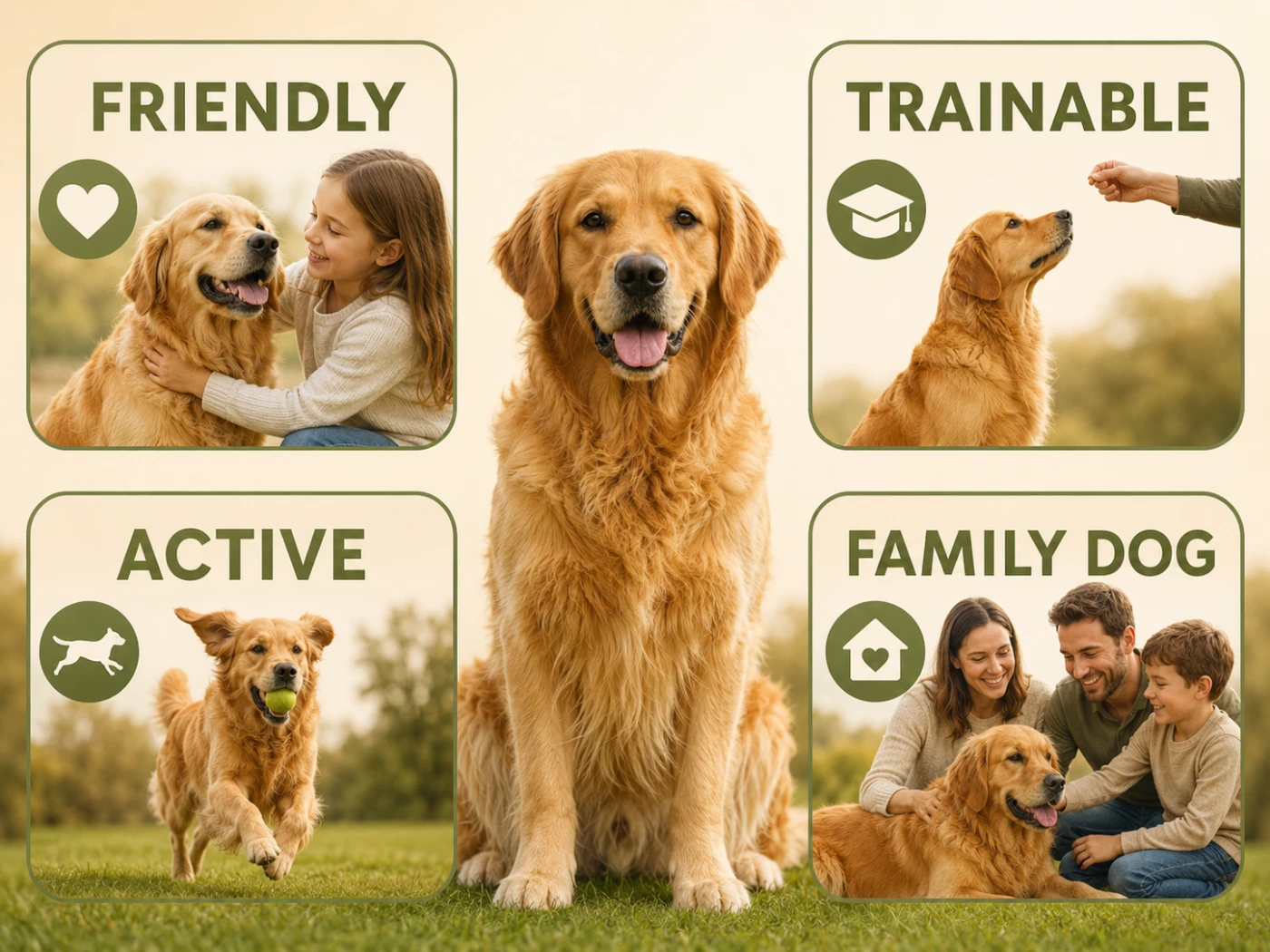 Infographic of Golden Retriever temperament traits labeled friendly, trainable, active and family dog