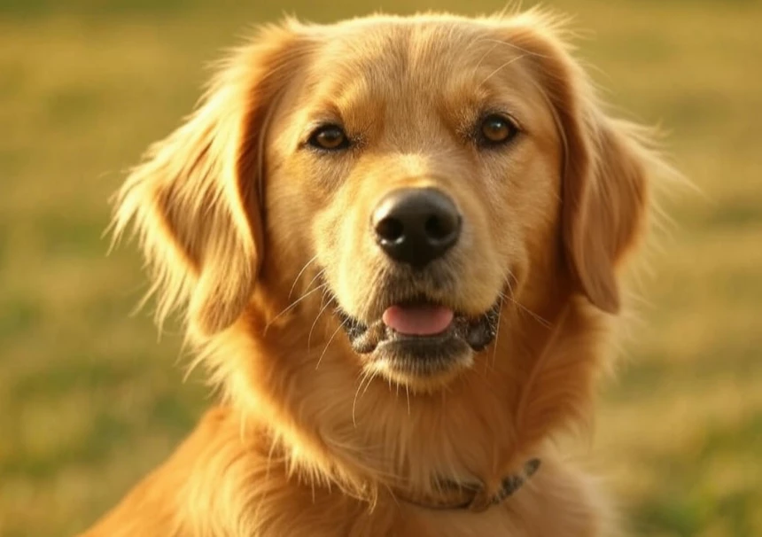 A Golden Retriever playing fetch with a ball in a backyard, its golden fur shining