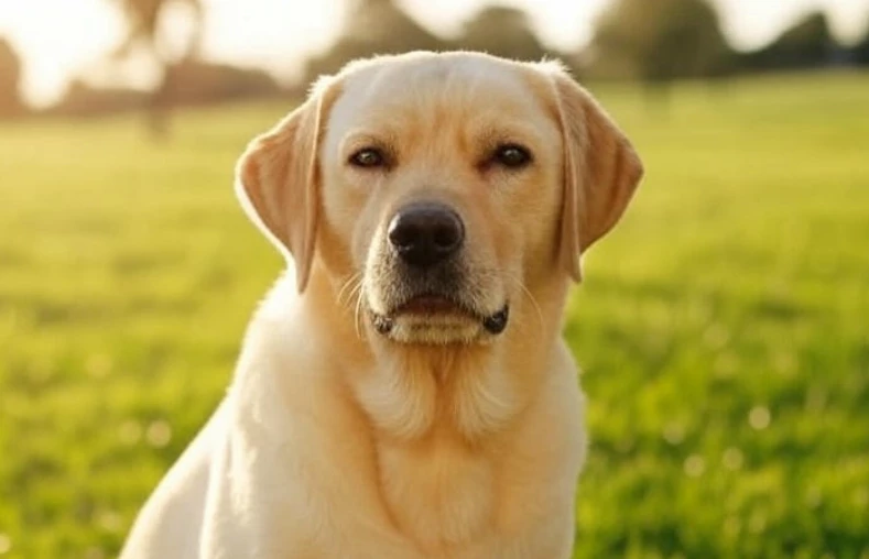 A Labrador Retriever swimming in a lake, its tail wagging happily