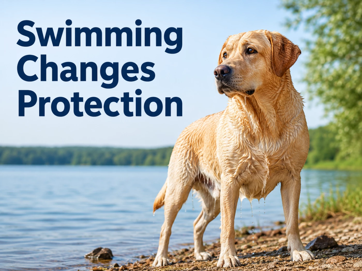Wet Labrador Retriever standing beside a summer lake