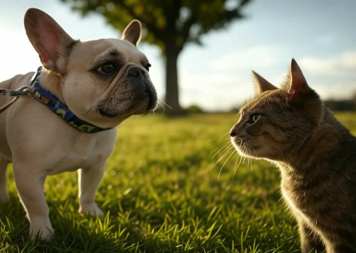 Leashed dog and free cat in a calm introduction
