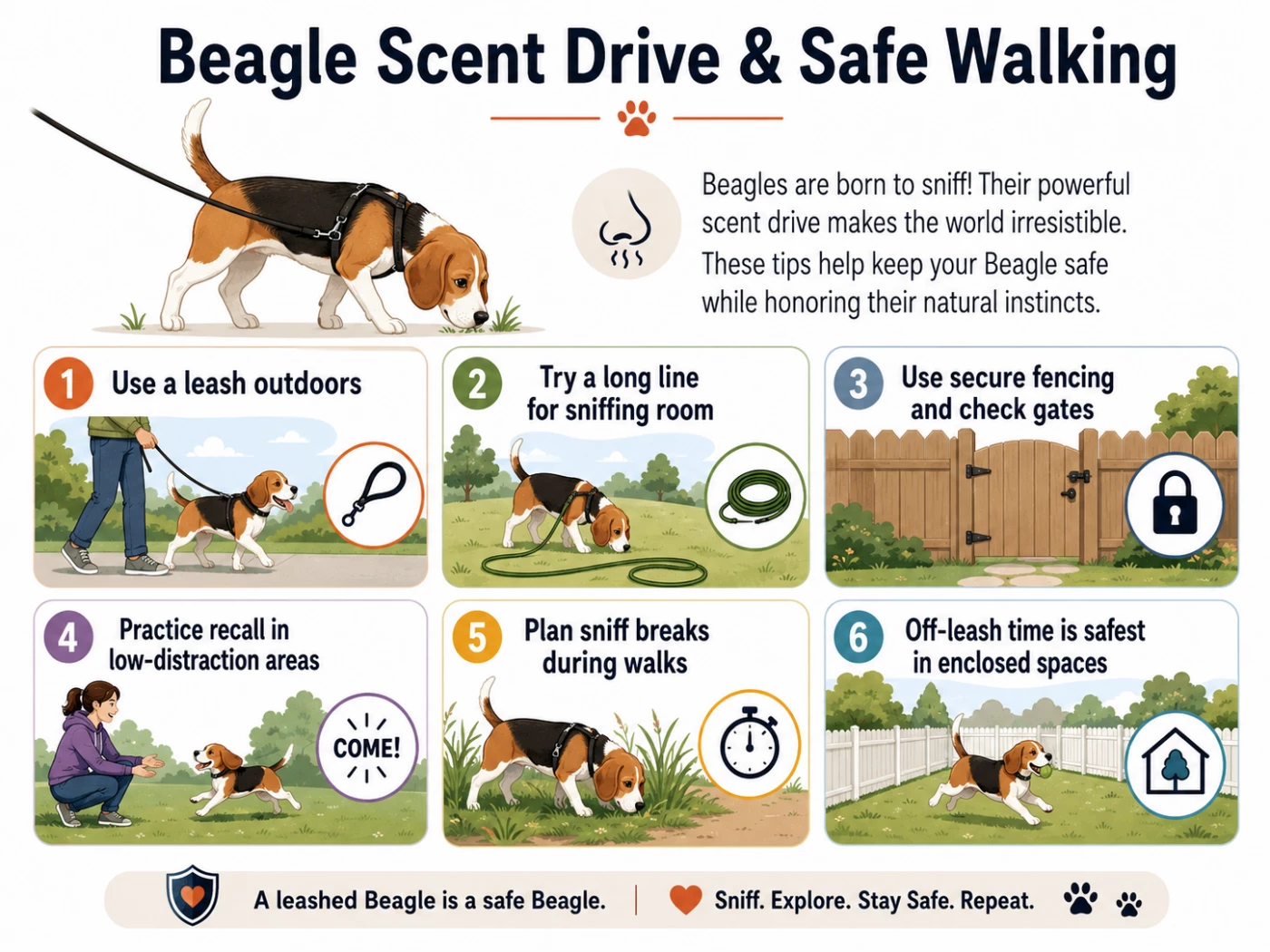 Beagle scent drive safety tips including leash use, long line training, secure fencing, recall practice, planned sniffing, and enclosed off-leash areas