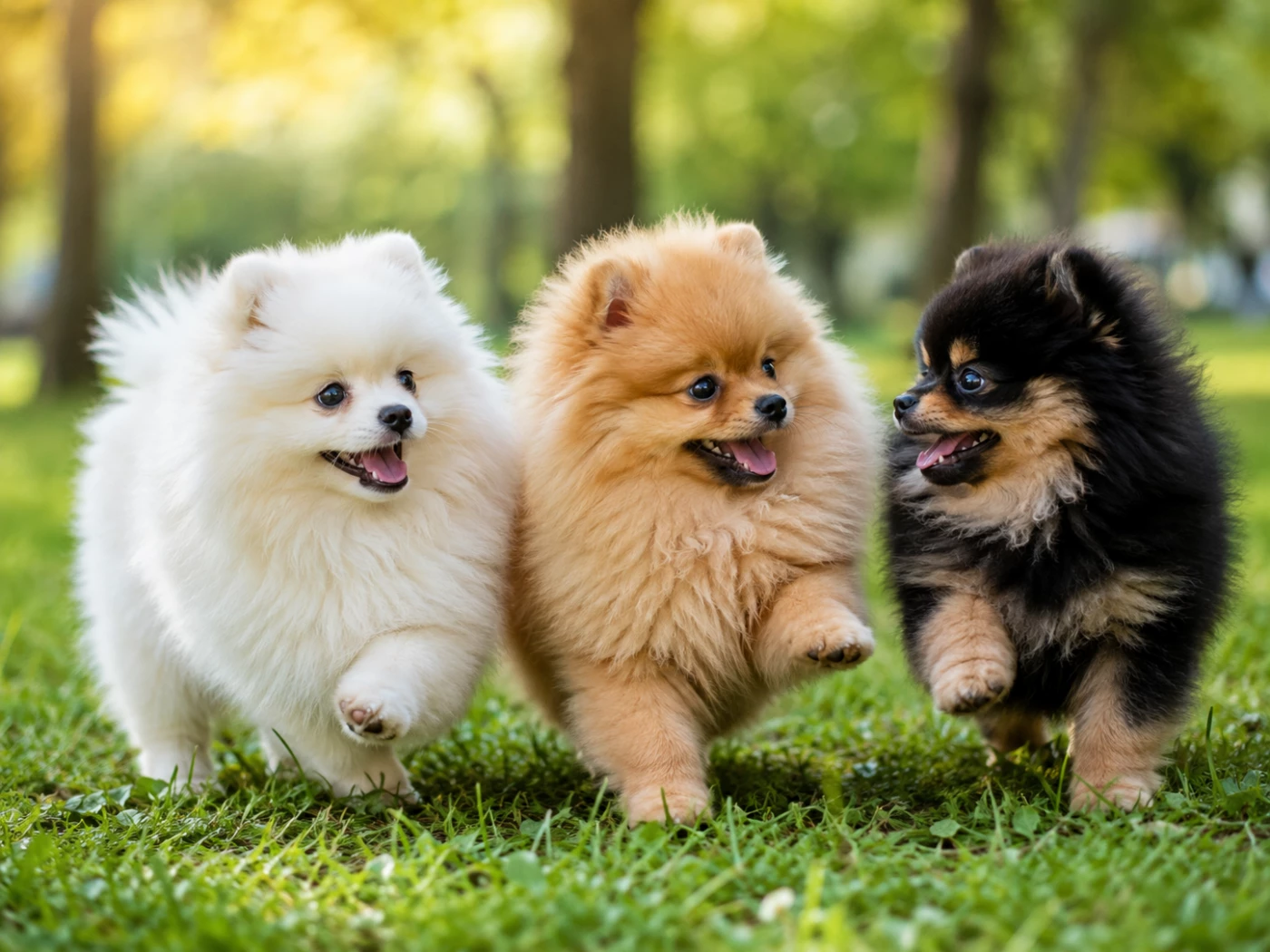 Pomeranian puppies playing on grass