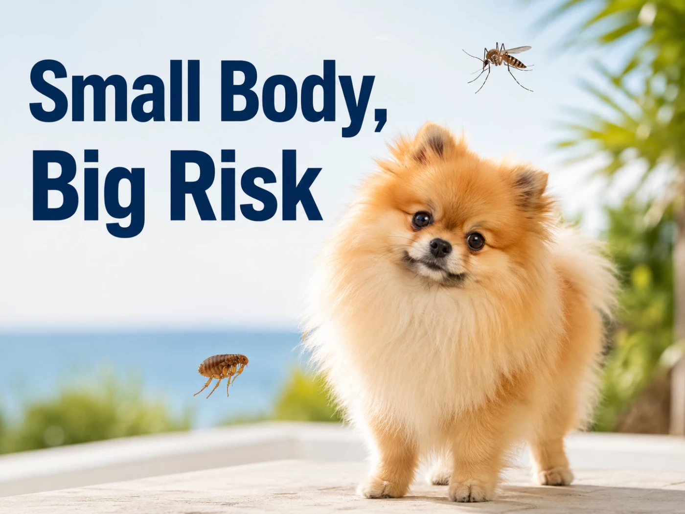 Pomeranian outdoors near a flea and mosquito