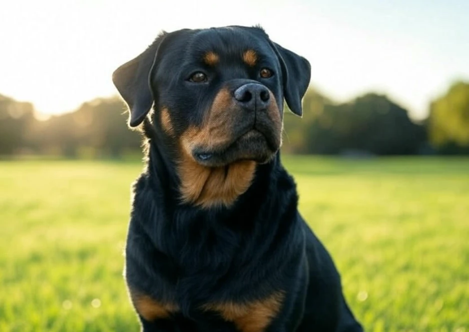 A Rottweiler sitting proudly in a garden, its muscular build exuding confidence