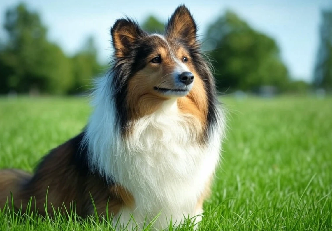 A Shetland Sheepdog leaping over an obstacle in an agility course, full of energy