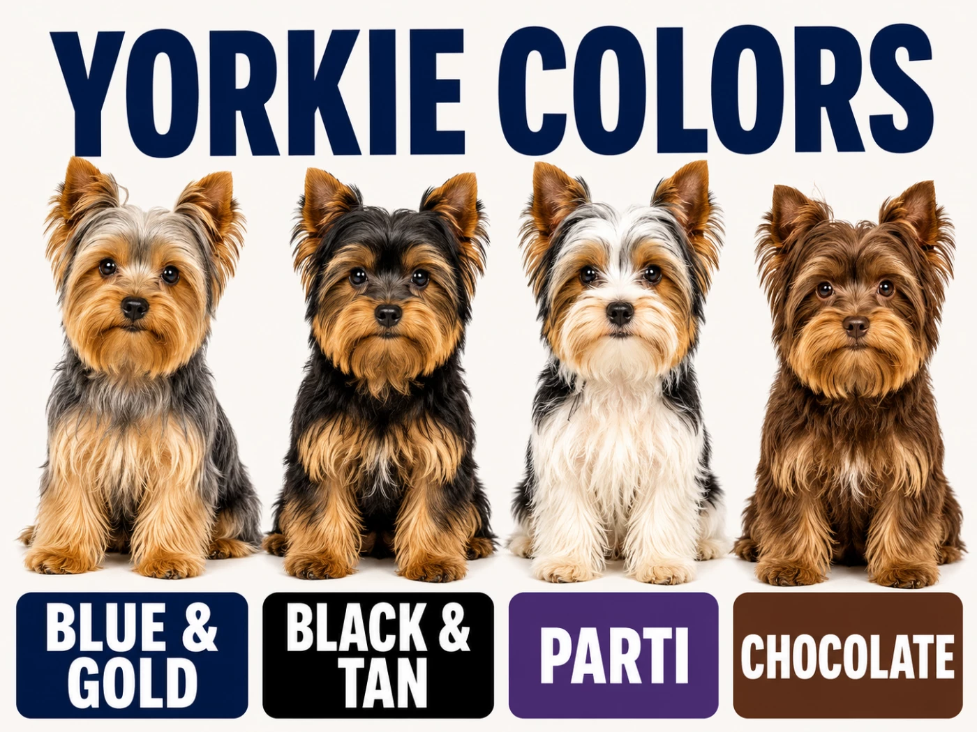 Yorkie colors chart showing blue and gold, black and tan, parti, and chocolate coat variations