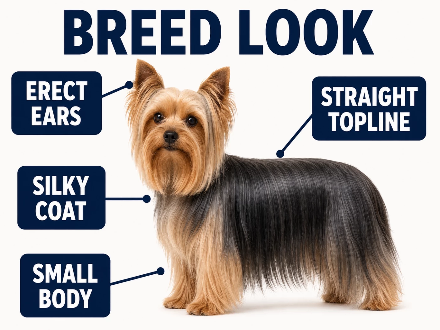 Infographic of Yorkshire Terrier breed look with erect ears, straight topline, silky coat and small body labeled