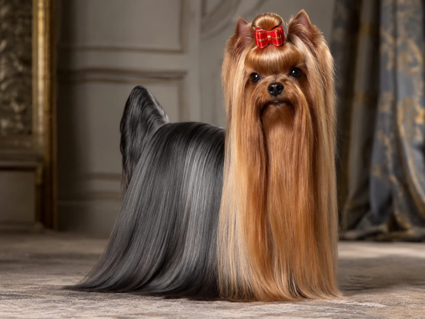 Yorkshire Terrier front and back view showing long floor length silky coat with topknot bow
