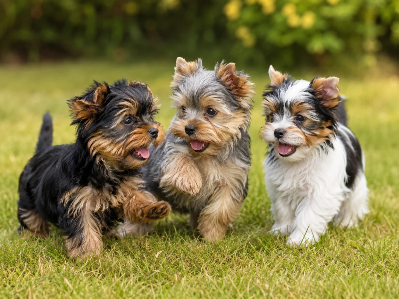 Three Yorkshire Terrier puppies playing together on green grass outdoors